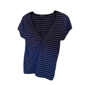 Forever 21 Navy White Horizontal Pinstripe Ruching SS French Naval Top Small
